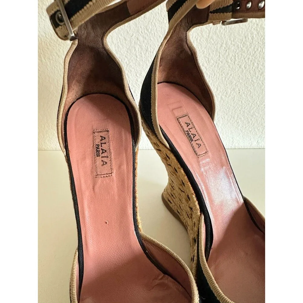 ALAIA Wedge Espadrille Sandals Canvas Almond Toe Ankle Strap Black Women's EU 38